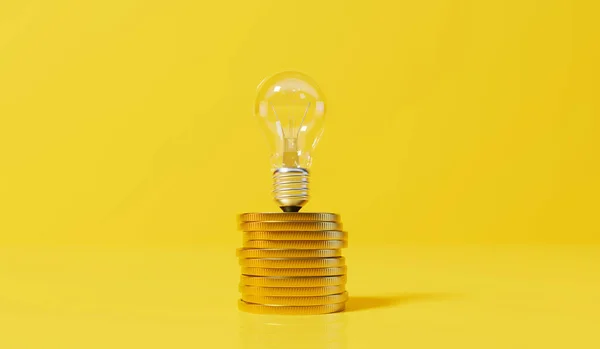 Rising Energy Cost Concept Light Bulb Top Stack Gold Coins — Zdjęcie stockowe