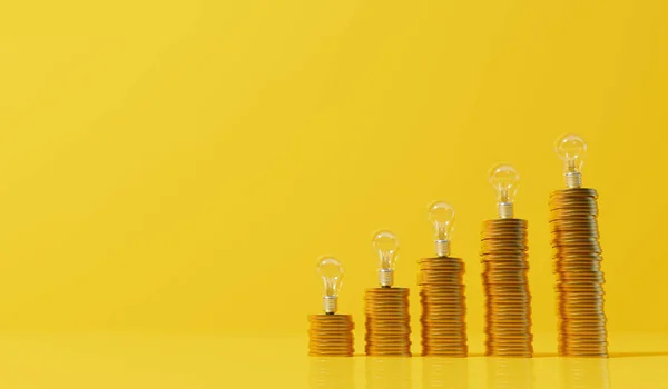 Rising Energy Cost Concept Light Bulb Top Stack Gold Coins — ストック写真