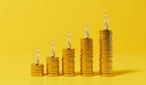 Rising Energy Cost Concept Light Bulb Top Stack Gold Coins — Zdjęcie stockowe