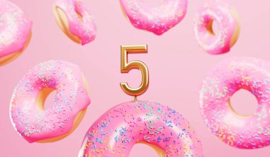 Happy 5th birthday celebration background with pink frosted donuts. 3D Rendering.