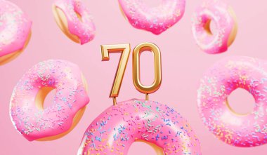 Happy 70th birthday celebration background with pink frosted donuts. 3D Rendering.