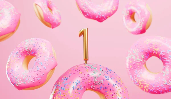 Happy 1St Birthday Celebration Background Pink Frosted Donuts Rendering — 图库照片