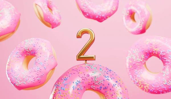Happy 2Nd Birthday Celebration Background Pink Frosted Donuts Rendering — ストック写真