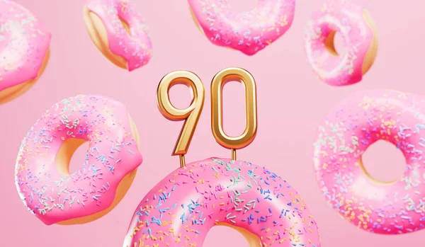 Happy 90Th Birthday Celebration Background Pink Frosted Donuts Rendering — 스톡 사진