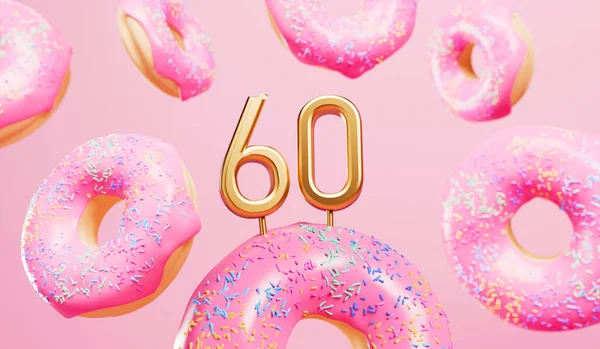 Happy 60Th Birthday Celebration Background Pink Frosted Donuts Rendering — Stockfoto