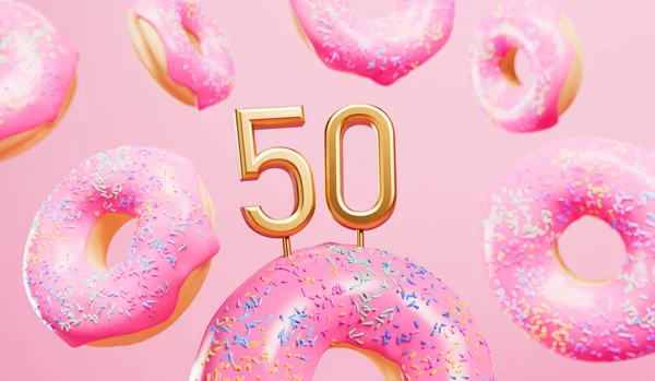 Happy 50Th Birthday Celebration Background Pink Frosted Donuts Rendering — Foto Stock