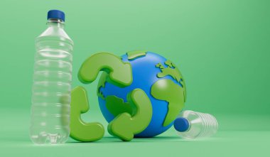 Earth globe with empty plastic bottles and recycle symbol. Global plastic pollution concept. 3D Rendering.
