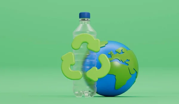 Earth globe with empty plastic bottles and recycle symbol. Global plastic pollution concept. 3D Rendering.