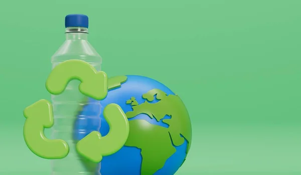 Earth globe with empty plastic bottles and recycle symbol. Global plastic pollution concept. 3D Rendering.