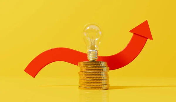 Rising energy cost concept. Light bulb on top of a stack of gold coins and red arrow. 3D Rendering.