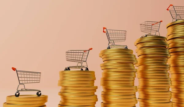 Shopping Trolly Stack Gold Coins Inflation Concept Rendering — Stok fotoğraf