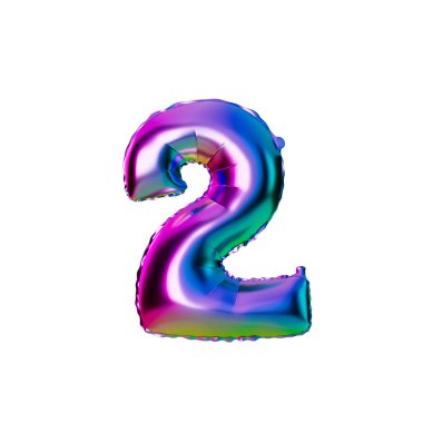 Number 2 iridescent foil helium balloon. 3D Rendering.