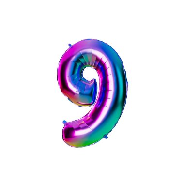 Number 9 iridescent foil helium balloon. 3D Rendering.