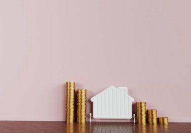 Household energy bills concept. Heating radiator in the shape of a house with a stack of coins. 3D Rendering.