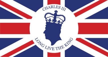 Londra, İngiltere - Eylül 2022: King Charles III 'ün yan profil silueti bir Union Jack arka planına karşı.