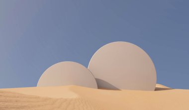 Ürün yerleştirme podyumu olan güneşli çöl manzarası. 3B Hazırlama.