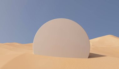 Ürün yerleştirme podyumu olan güneşli çöl manzarası. 3B Hazırlama.