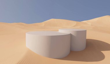 Ürün yerleştirme podyumu olan güneşli çöl manzarası. 3B Hazırlama.