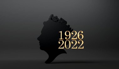 LONDON, İngiltere - Eylül 2022: Kraliçe II. Elizabeth 'in doğum ve ölüm tarihli bir anma posteri. 3B Hazırlama.