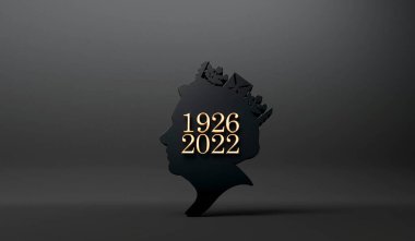 LONDON, İngiltere - Eylül 2022: Kraliçe II. Elizabeth 'in doğum ve ölüm tarihli bir anma posteri. 3B Hazırlama.