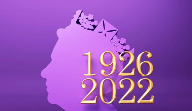 LONDON, İngiltere - Eylül 2022: Kraliçe II. Elizabeth 'in doğum ve ölüm tarihli bir anma posteri. 3B Hazırlama.