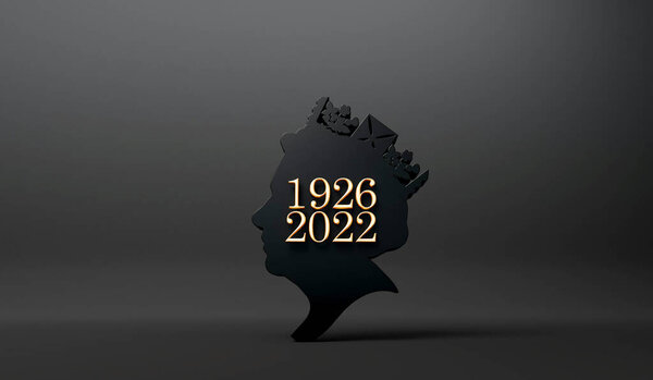 ЛОНДОН, Великобритания - Сентябрь 2022 года: мемориальный плакат королевы Елизаветы II с датами рождения и смерти. 3D рендеринг.