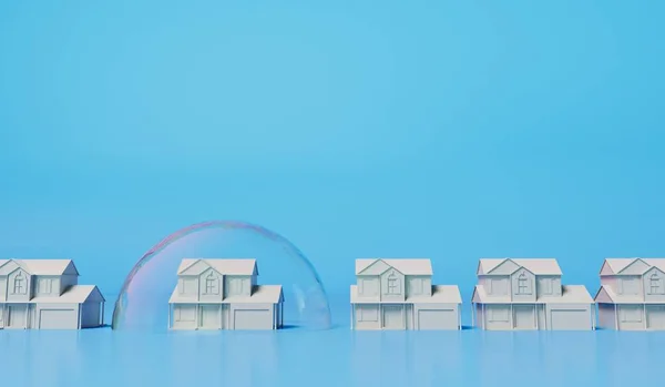 住宅バブルの概念 透明な泡の中の白い家 財産危機だ 3Dレンダリング — ストック写真