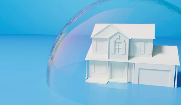 Huisvestingsbel Concept Wit Huis Een Transparante Bel Onroerend Goed Crisis — Stockfoto