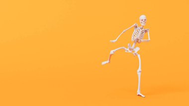 Cadılar bayramında dans eden komik iskelet karakteri. 3B Hazırlama.