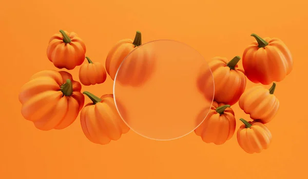 Halloween Höst Bakgrund Orange Pumpor Med Blank Glasbanner Återgivning — Stockfoto