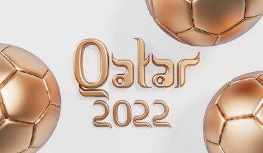 Katar 2022 Arap stili metinli altın futbol topu. 3B Hazırlama.