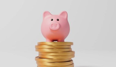 Pembe kumbaralı para kutusu ve bir yığın altın para. 3B Hazırlama.