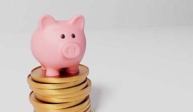 Pembe kumbaralı para kutusu ve bir yığın altın para. 3B Hazırlama.