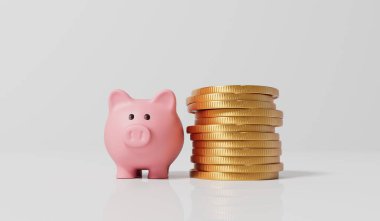 Pembe kumbaralı para kutusu ve bir yığın altın para. 3B Hazırlama.