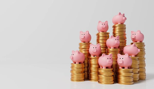 Pink piggy bank money box with a stack of gold coins. 3D Rendering.