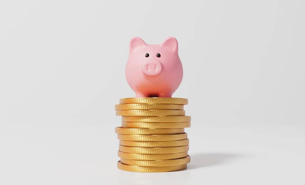 Caja Dinero Alcancía Rosa Con Una Pila Monedas Oro Renderizado —  Fotos de Stock