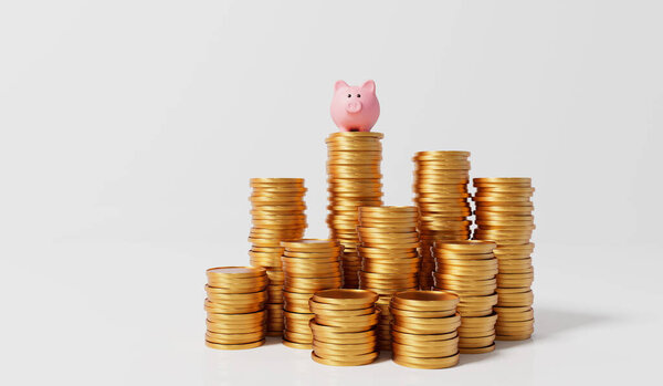 Pink piggy bank money box with a stack of gold coins. 3D Rendering.