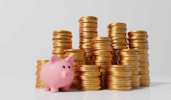 Pink piggy bank money box with a stack of gold coins. 3D Rendering.