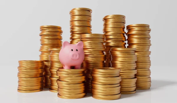 Caixa Dinheiro Rosa Piggy Banco Com Uma Pilha Moedas Ouro — Fotografia de Stock