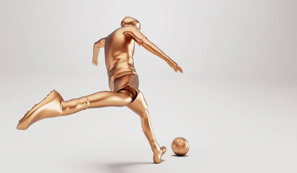 Golden Soccer Football Speler Schoppen Een Bal Een Actie Pose — Stockfoto