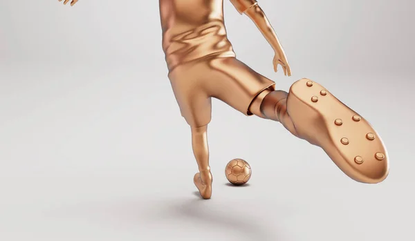 黄金足球运动员以动作姿势踢着球 3D渲染 — 图库照片
