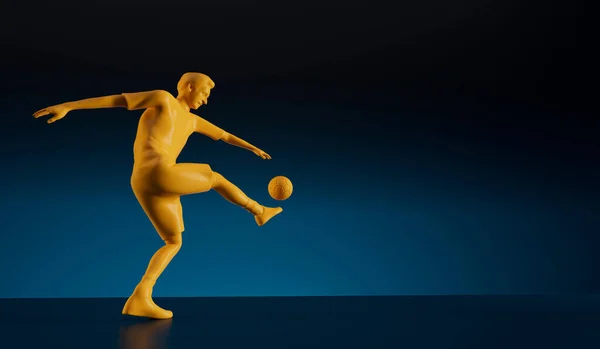 黄色いサッカー選手がアクションポーズでボールを蹴ります 3Dレンダリング — ストック写真