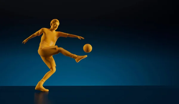 Gelber Fußballspieler Der Einen Ball Action Pose Kickt Rendering — Stockfoto