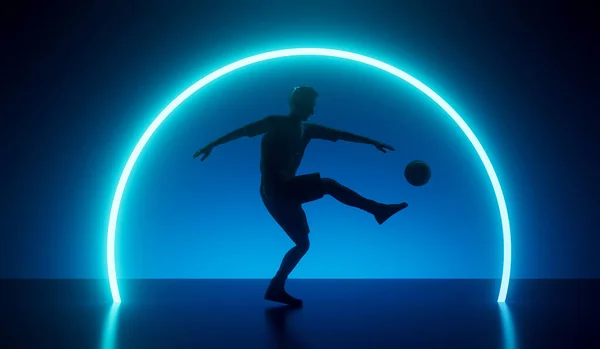 サッカー選手のシルエットが 抽象的な未来的なネオンの輝きでボールを蹴ります 3Dレンダリング — ストック写真