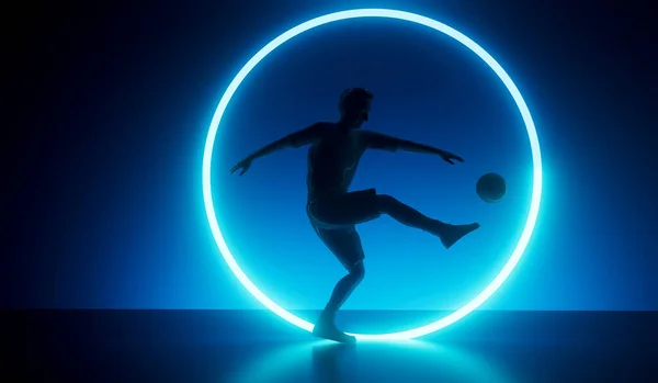 Silhouette of a football player kicking a ball with an abstract futuristic neon glow. 3D Rendering.
