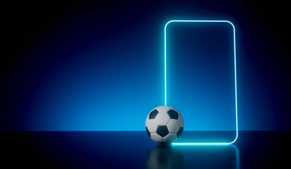 Blue neon futuristic frame with a soccer football. 3D Rendering.