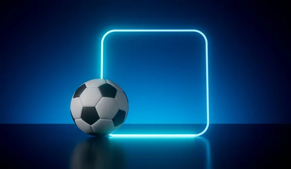 Blue neon futuristic frame with a soccer football. 3D Rendering.