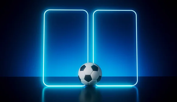 Blue neon futuristic frame with a soccer football. 3D Rendering.