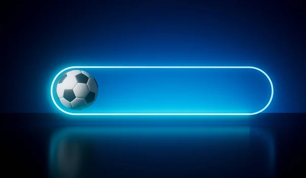 Blue neon futuristic frame with a soccer football. 3D Rendering.