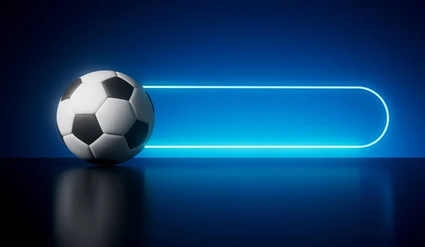 Blue neon futuristic frame with a soccer football. 3D Rendering.